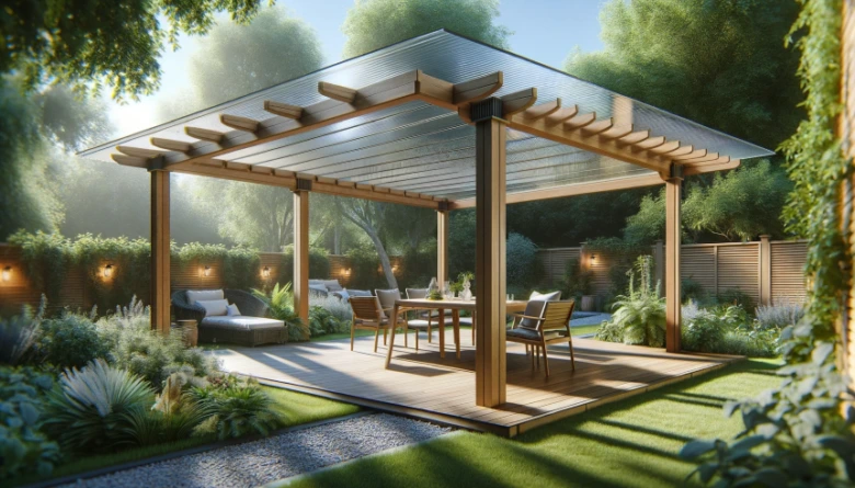 Moderní dřevěná pergola s průsvitnou střechou na zahradní terase.