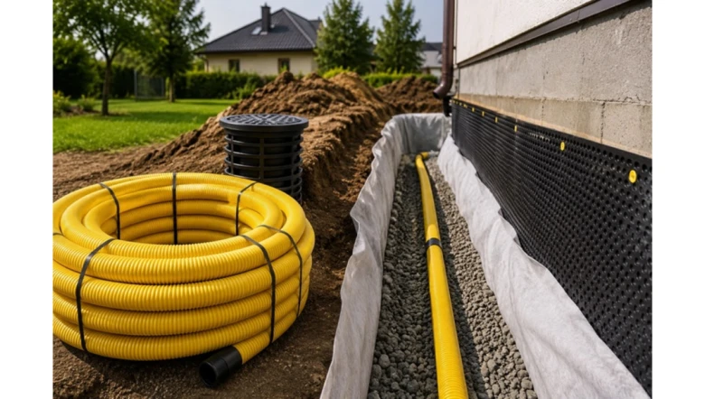 Žlutá drenážní hadice vedle nasazeného systému pro odvodnění podél domu.