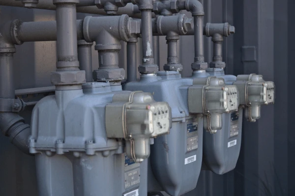 Řada průmyslových plynových měřičů s potrubím pro domácnosti.