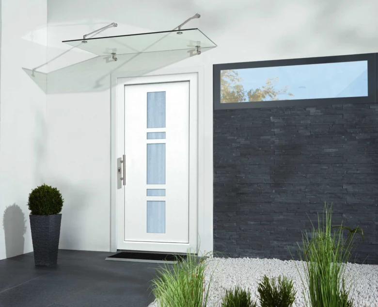 Modern exterior door with glass panels and canopy