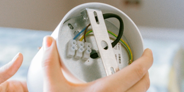 Vnitřní zapojení svítidla s viditelnými vodiči pro instalaci.