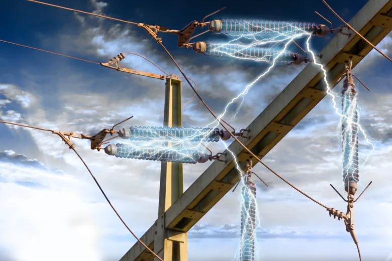 Vysokonapěťové vedení s výboji mezi izolátory na elektrickém stožáru.