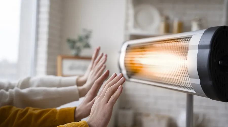 Rozsvícené elektrické kotle ohřívá ruce dvou lidí v obývacím pokoji.