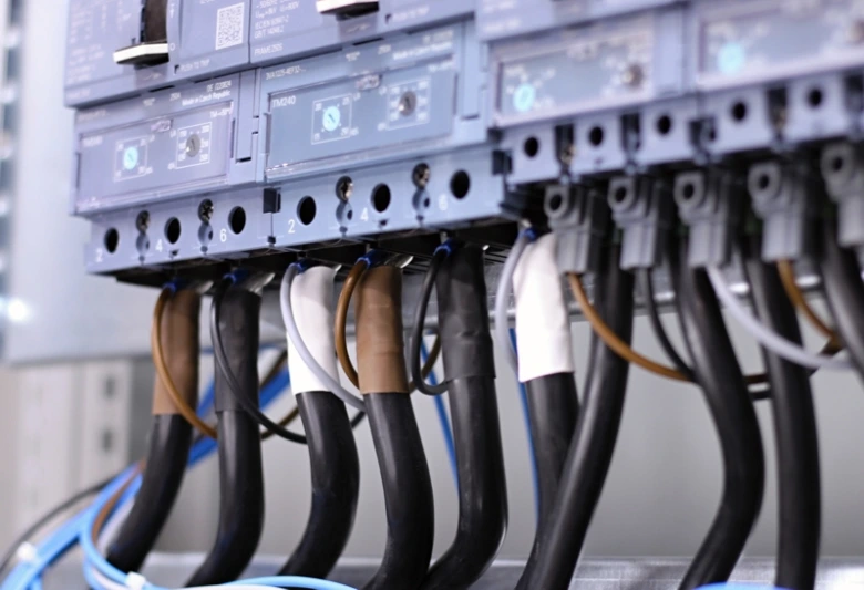 Elektrické kabely připojené k pojistkovým spínačům v rozvaděči.
