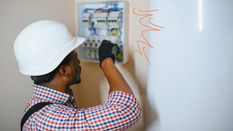 Elektrikář pracuje na domovním rozvaděči v bytě.