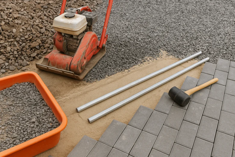 Nástroje a materiály pro přípravu podkladu pod zámkovou dlažbu