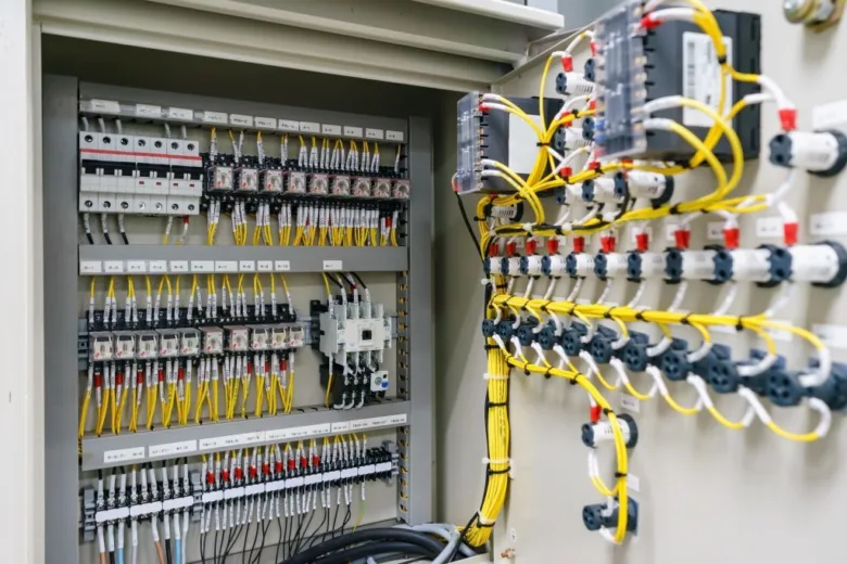 Otevřená elektrická skříň s přepěťovými jističi a žlutým kabelážem.