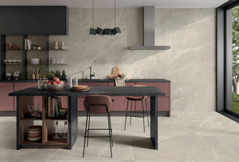 Large format tile kitchen interior