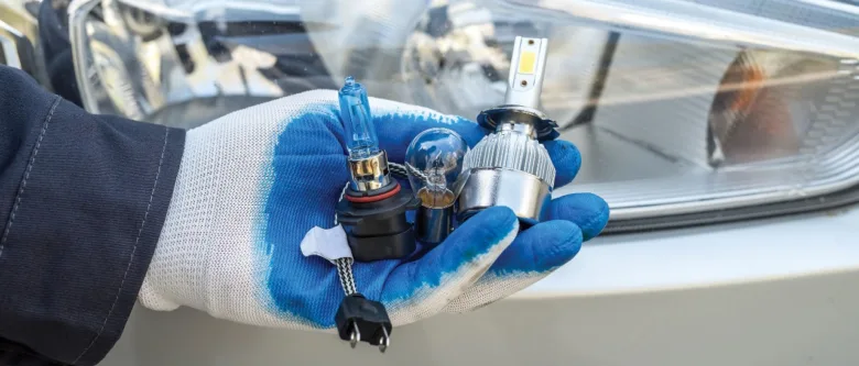 Různé typy žárovek do světel auta v ruce mechanika.