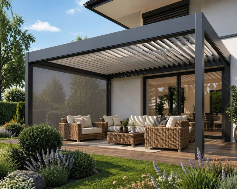 Moderní hliníková pergola s venkovním sedacím nábytkem na zahradě.