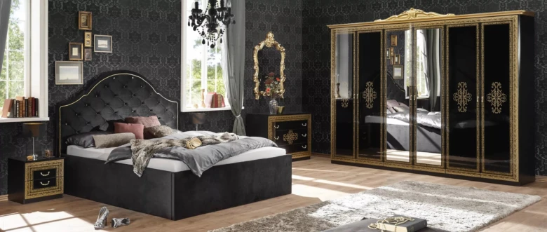 Černá ložnice s zlatými detaily v luxusním interiéru.