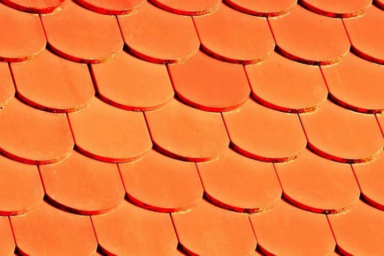 Překrývající se oranžové střešní tašky v rybu podobném vzoru.
