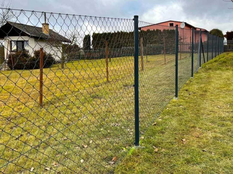 Ocelová plot kolem domu na trávníku s domem v pozadí.
