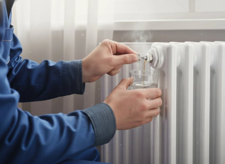 Odvzdušnění radiátoru vypouštěním vody do sklenice.