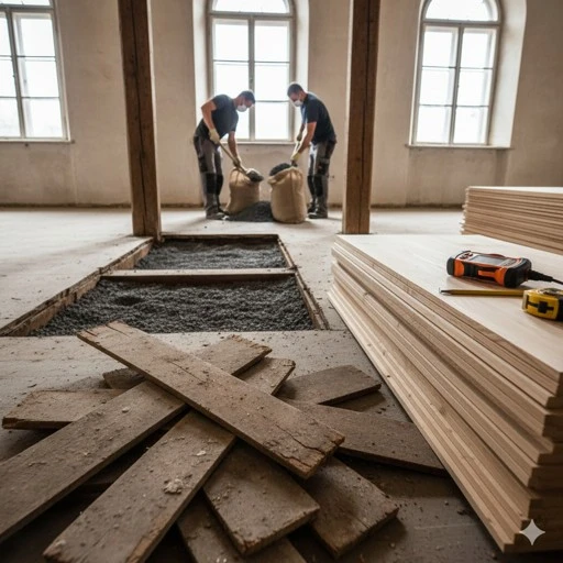 Dva muži nalévají beton do podlahy ve starém domě.