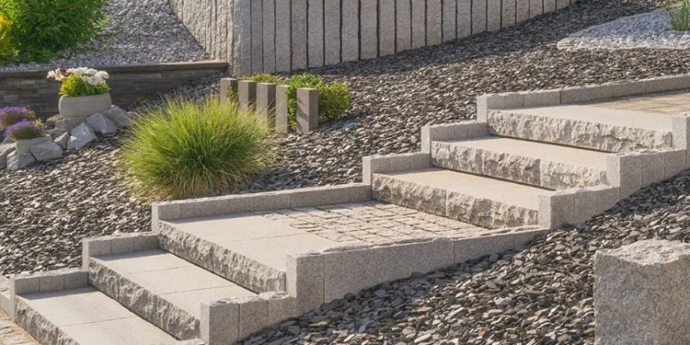 Konkrétní venkovní betonové schody v zahradě s kamenným povrchem.