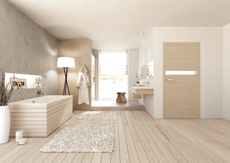 Moderní bílá koupelna s dřevěným podlahovým designem