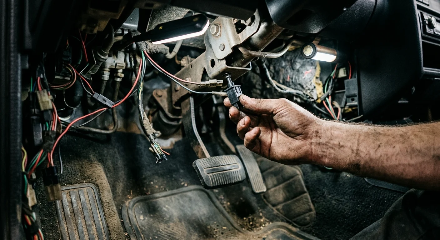 Mechanik drží senzor u kabeláže pod přístrojovou deskou při diagnostice.