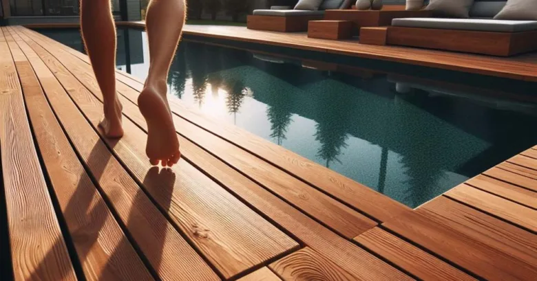 Bazén s dřevěným obložením, na kterém chodí bosá noha.