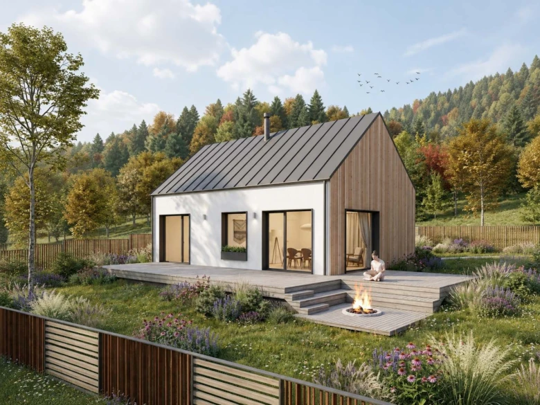 Moderní dřevostavba bungalov s velkým okny v zeleném prostředí.