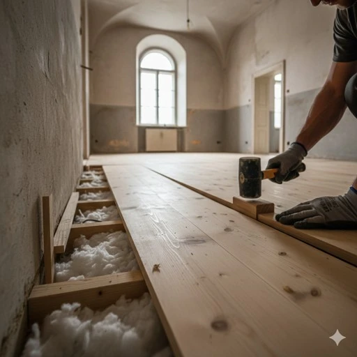 Montáž dřevěné podlahy v rekonstrukci starého domu.