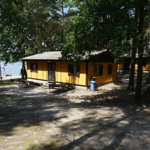 Žluté chaty v lese na kempu Holany pro ubytování.