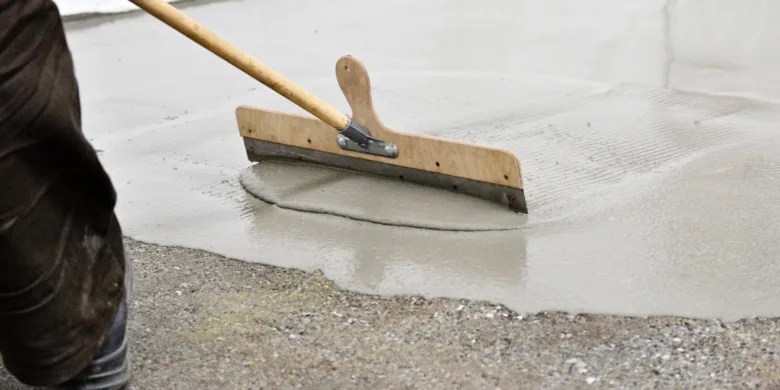 Pracovník hladí čerstvý beton na venkovní podlaze pomocí špachtle.