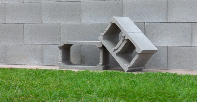 Ztracené betonové bloky ležící u zdi jako příklad odpadního materiálu ve stavbě.