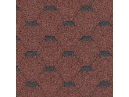 Detailní záběr na červenohnědé střechové šindele s geometrickým vzorem.