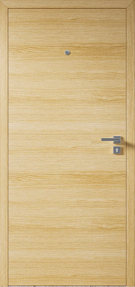 Wooden apartment door with handle and peephole