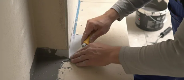 Pracovník nanáší hydroizolační směs do koutu koupelny.