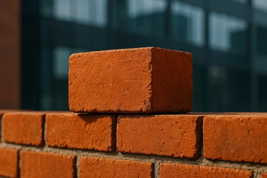 Jedna červená pálená cihla na zdi před budovou.
