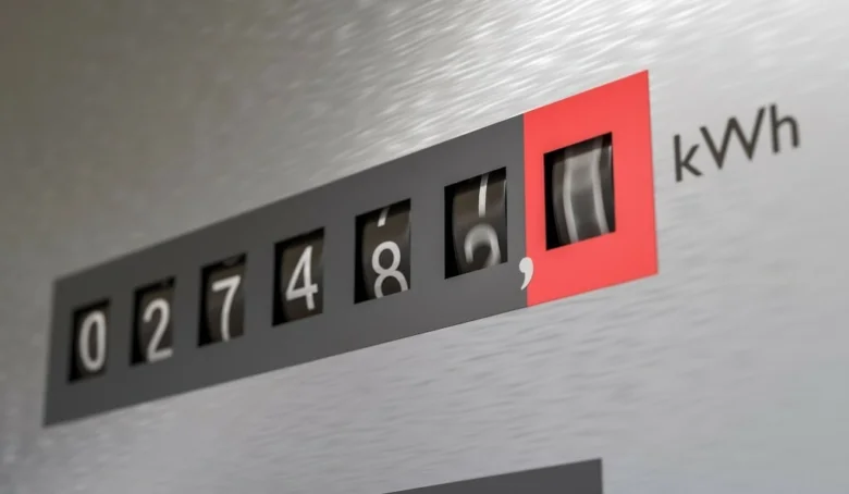 Blízký záběr na elektromětr ukazující spotřebu v kWh.