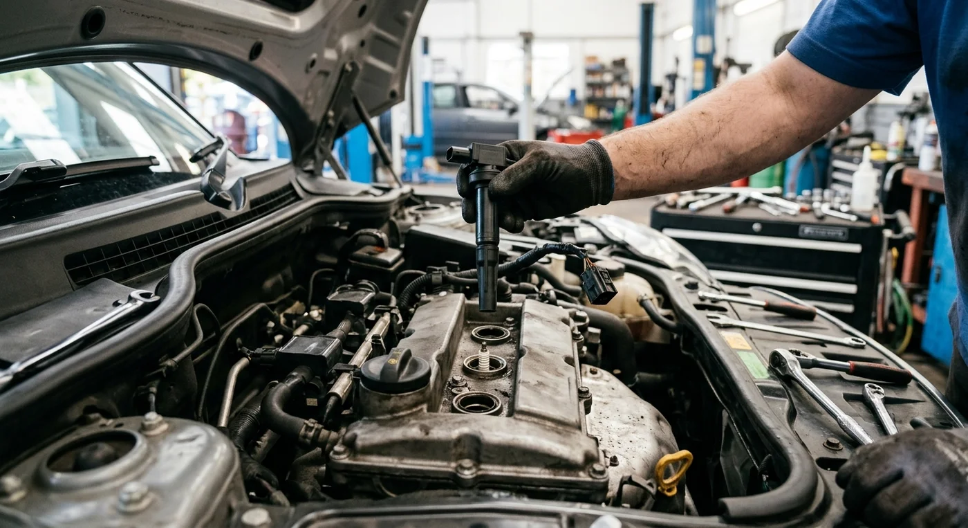 Mechanik montuje zapalovací cívku do motoru při diagnostice.
