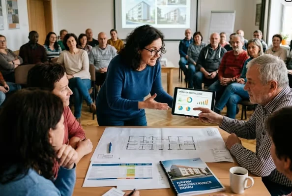 Skupina lidí diskutuje o architektonických plánech v kanceláři.