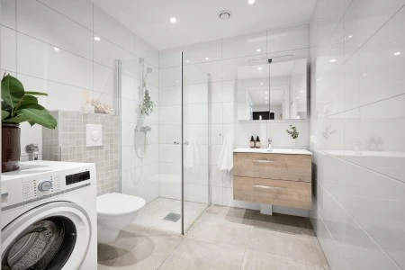 Wooden bathroom vanity with mirror and sink