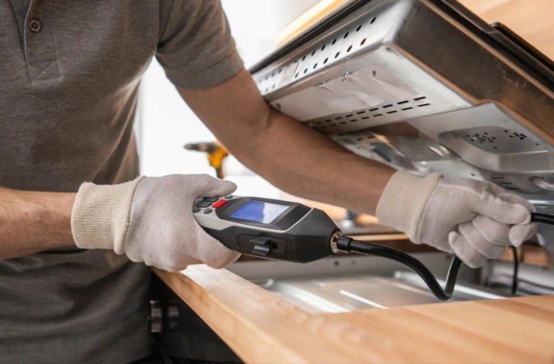 Technik používá detektor plynu k vyhledání úniku pod kuchyňskou linkou.