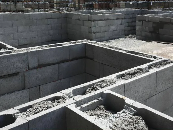 Ztracené bednění s čerstvě nalitým betonem do základových stěn.