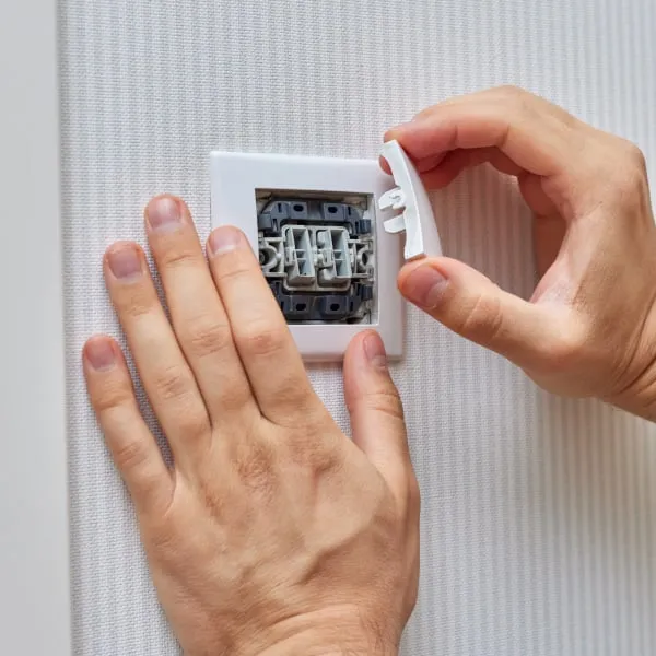 Ruční montáž elektrické zásuvky s viditelnými kontakty na stěně.