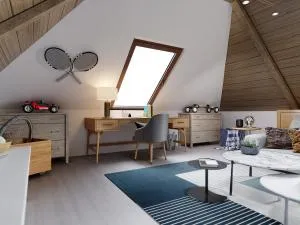 Moderní interiér bytu v podkroví s kancelářským koutem.