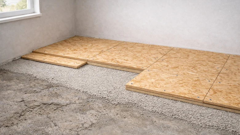 Vyrovnávání betonové podlahy pomocí OSB desek na štěrku.