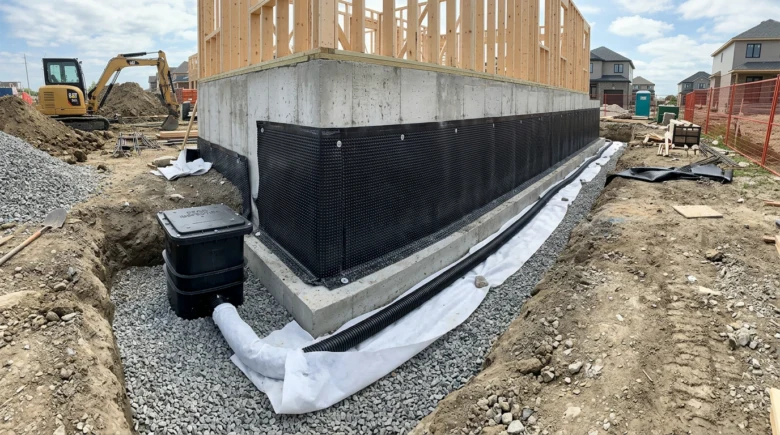 Instalace hydroizolace základů novostavby s drenáží.