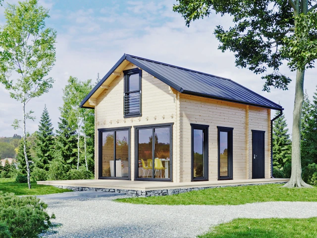 Moderní dřevěná chata s velkými okny pro celoroční bydlení.