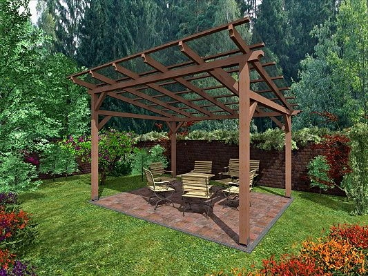 Dřevěná zahradní pergola s posezením na terase uprostřed zelené zahrady.
