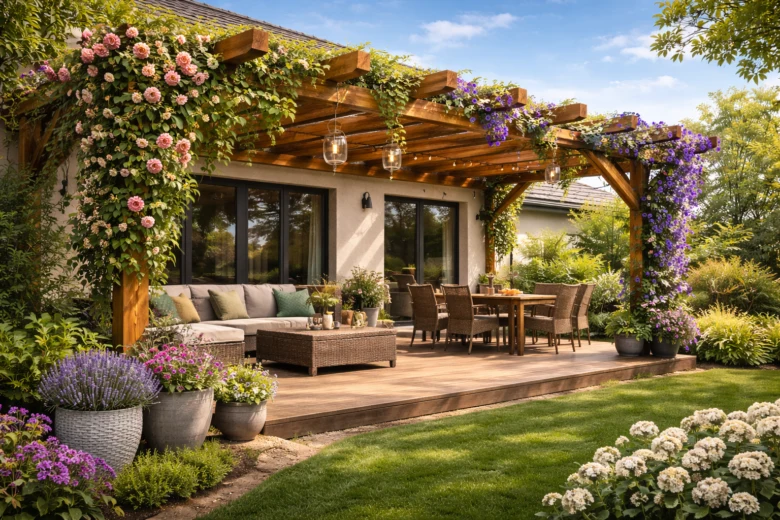 Dokončená dřevěná pergola s posezením v zahradě.