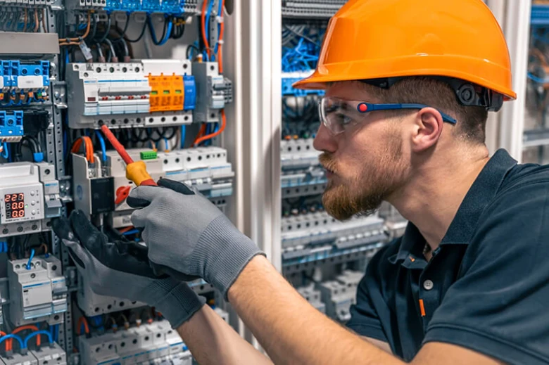 Elektrikář opravuje rozvaděč v pražské firmě.