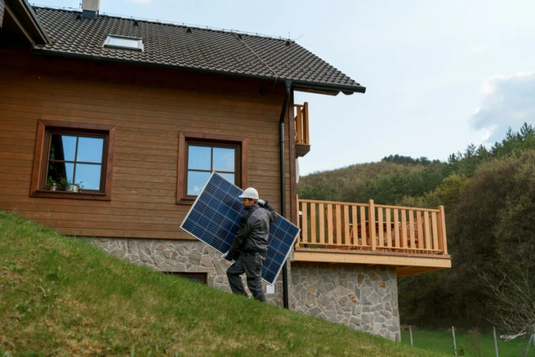 Montážní dělník nese fotovoltaickou desku na dům.