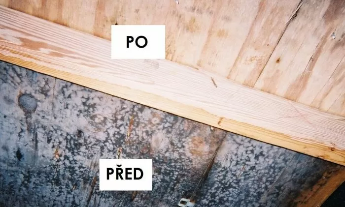 Dřevo před úpravou s popiskem PŘED a po úpravě s popiskem PO.