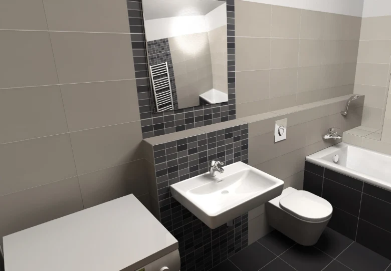 Moderní koupelna s bílou zdi WC a umyvadlem na tmavých dlaždicích.
