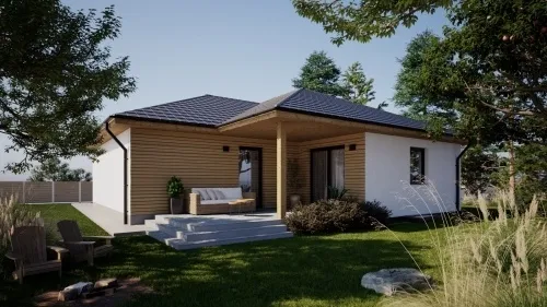 Moderní dřevostavba bungalov s venkovním posezením v zelené zahradě.